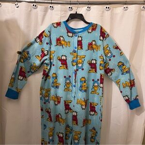 Garfield 1 Piece Fleece Footed Pajamas Women’s Blue Button Front Cartoon Fandom